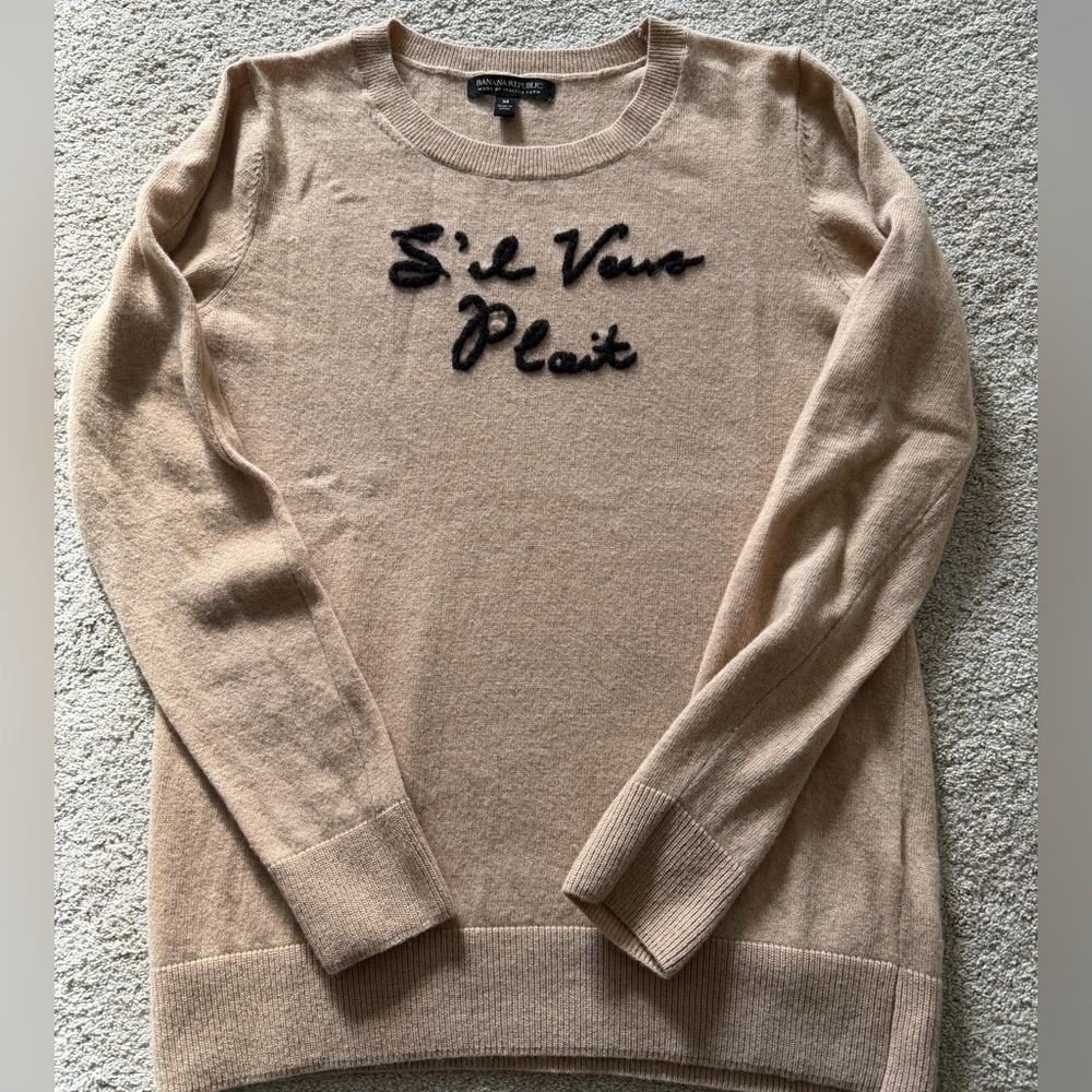 Banana Republic Merino Wool Beige Sweater with Black Script